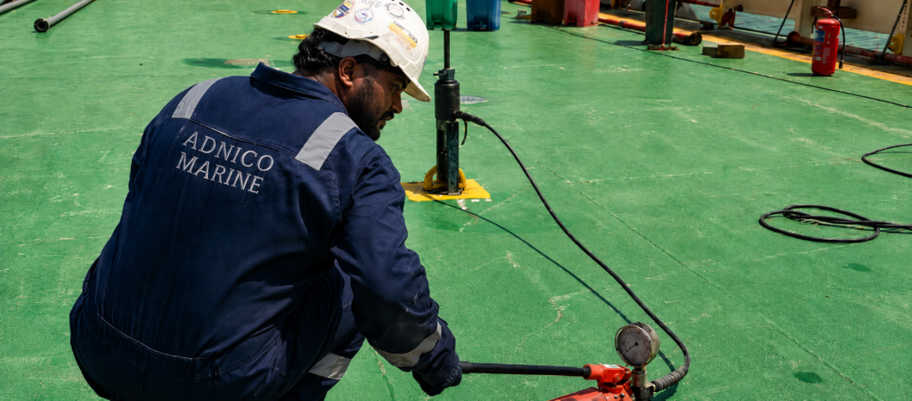 Proof load test services in UAE for marine and offshore lifting equipment
Marine crane load testing with certified water bags and load cell
Pad eye and mooring bollard proof load testing for offshore projects
Lifeboat davit and rescue boat davit load testing in UAE
ADNICO MARINE proof load testing support for marine offshore and energy sectors
